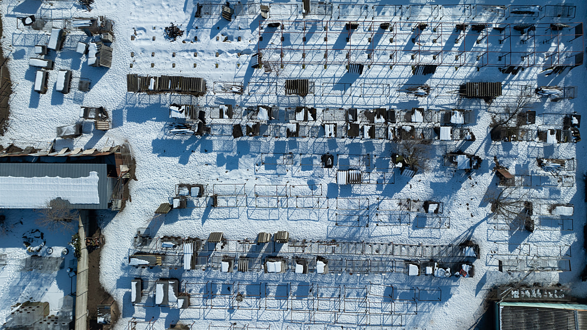 An aerial view of a former fox and raccoon dog fur farm built in an open field. According to the photojournalist, the farm operated for several years before the owner shut it down due to declining profitability in the fur sector. As of early 2025, the animals cages are being dismantled and the farm is for sale. Poland, 2025. Andrew Skowron / We Animals