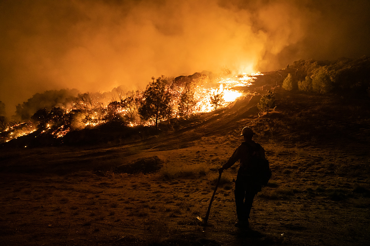 Wildland Firefighter crews work throughout the night as they backburn areas of the Caldor Fire to prevent further spread. California, USA, 2021. Nikki Ritcher / We Animals