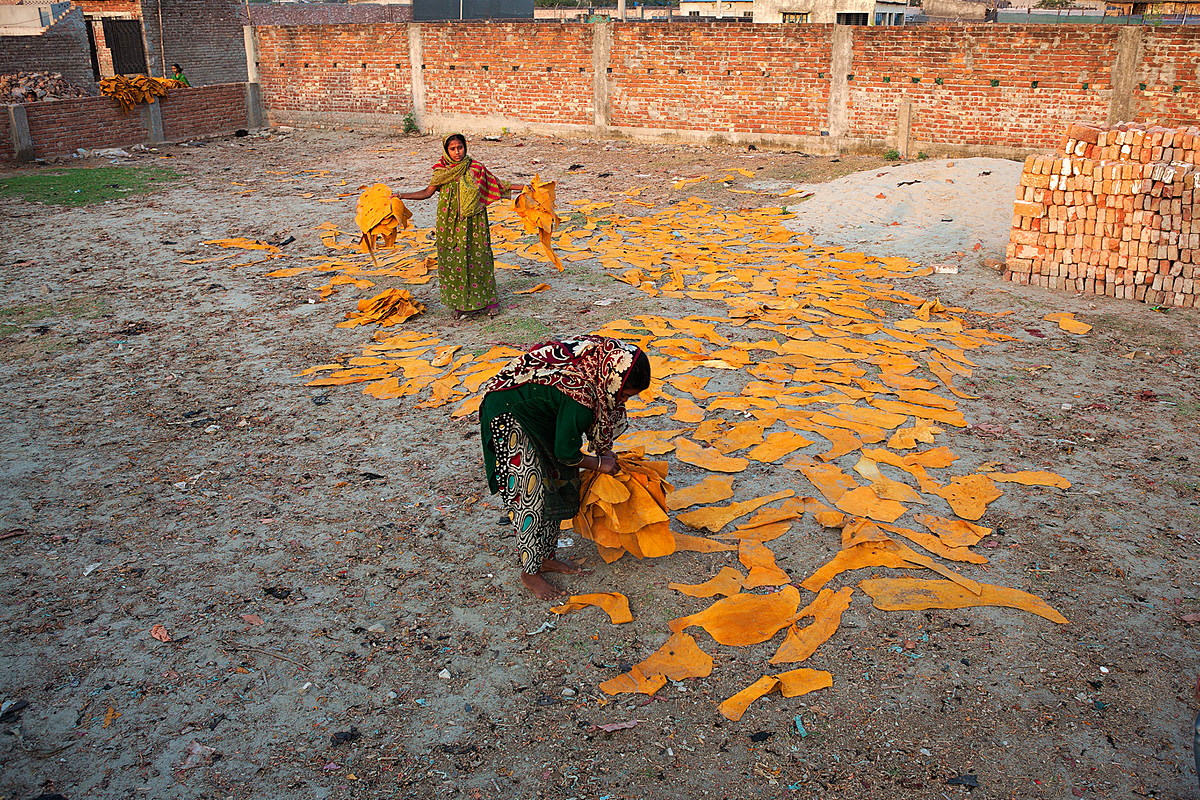 Two women gather dried hides at sundown. In Hazaribagh, the quarter of Dhaka which is known for its tanneries, many families depend on leftover hides from large companies to independently use or sell them. Bangladesh, 2015. Christian Faesecke / We Animals