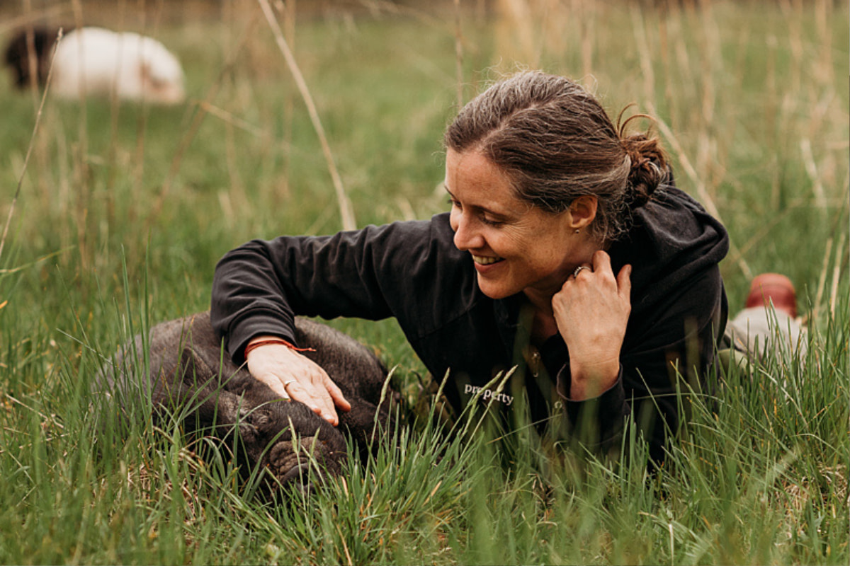 Jaime and Ian cuddle in the barn. Farm Sanctuary, USA, 2023. Jo-Anne McArthur / We Animals