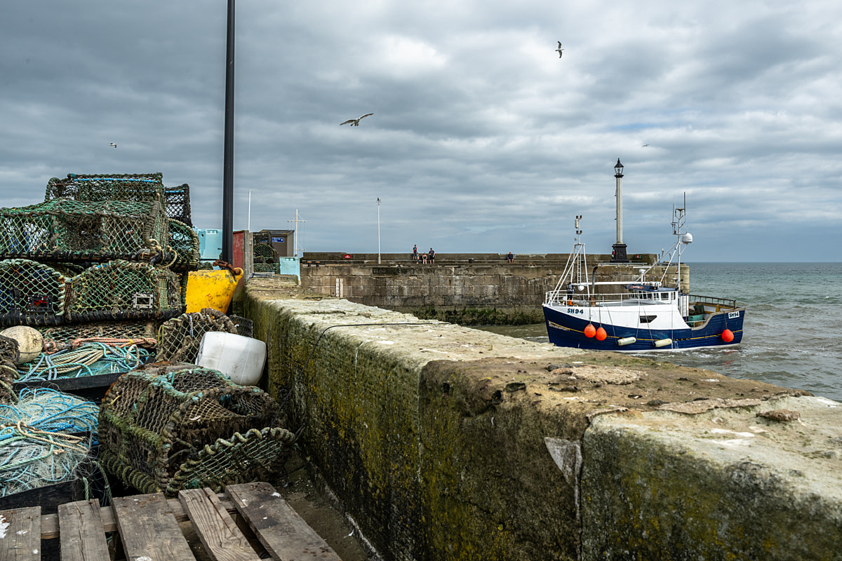 A fishing boat returns to the dock after a day at sea, having collected lobsters from baited pots that were left for 24 hours. Onboard, the live lobsters are stored in plastic containers stacked on top of each other. Bridlington Bay Harbour, Bridlington, East Yorkshire, England, UK, 2024. Amy Jones / Viva! / We Animals