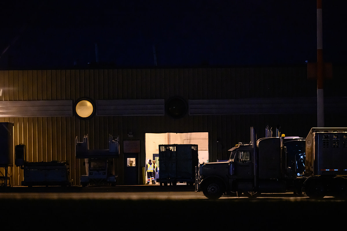 Animal transport trucks carrying horses wait outside a building used to inspect and reload horses into wooden crates for air shipment to Japan the following morning. The horses will be slaughtered in Japan to become fresh sashimi. Two workers stand in the building's doorway as a crate filled with horses is moved. Edmonton International Airport, Edmonton, Alberta, Canada, 2024. Jo-Anne McArthur / HSI Canada / We Animals