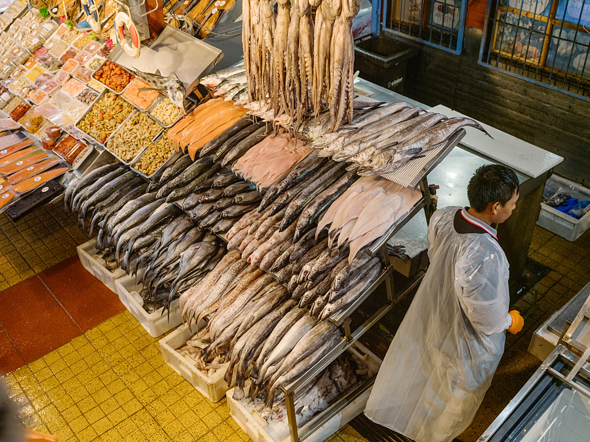 A vendor walks past a display of fresh octopuses and shelves filled with various species of fresh fish and other aquatic life inside a popular port city market. Mercado Angelmo, Puerto Montt, Llanquihue Province, Chile, 2025. Marcos Zegers / We Animals
