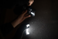 Heavy dust in the air becomes apparent in the beams of light used to illuminate the birds so that investigators can document the conditions inside a turkey factory farm.