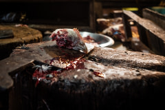 The head of a freshly slaughtered chicken rests on top of the butcher's knife. The head and feet of slaughtered poultry are thrown away or given to stray cats around the market. India, 2021. S. Chakrabarti / We Animals