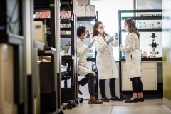 TurtleTree team members examining cell cultures and slides at their laboratory.