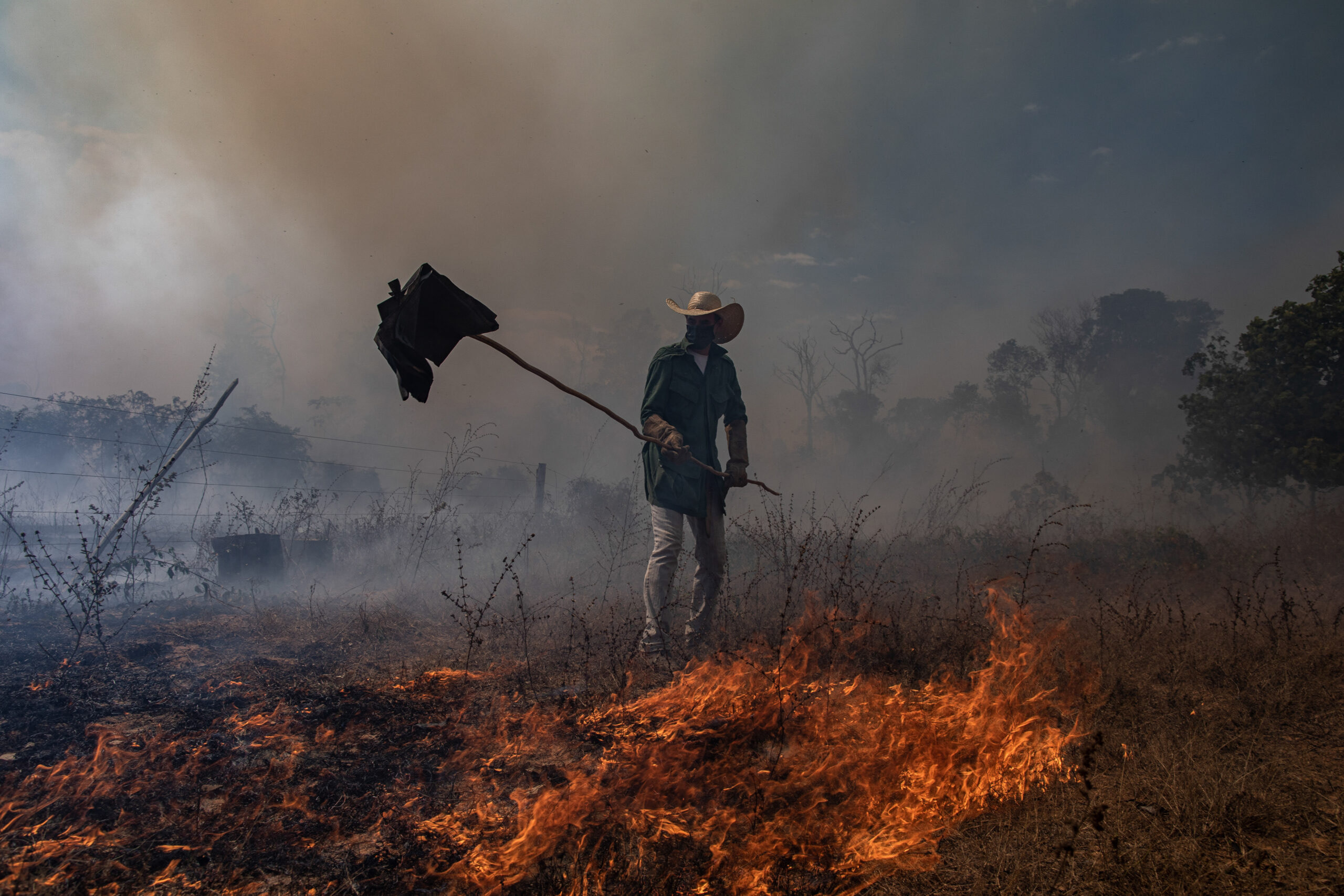 A local resident tries to put out an illegal fire burning in an environmental reserve in the Amazon rainforest. This image was captured as part of an expedition by the Rainforest Foundation to monitor the relationship between soy production in Brazil and its relationship with the deforestation of the Cerrado and Amazonia biomes. Undisclosed location, Mato Grosso, Brazil, 2020. Victor Moriyama / We Animals Maxine