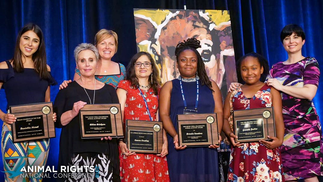 Dawn Moncrief with Erica Meier presenting awards to the 2018 winners of Hall of Fame, Grassroots, Youth and Celebrity Activist winners Animal Rights National Conference Awards Banquet. Los Angeles, CA Picutred L-R (Daniella Monet, Ellen Erikson, Erica Meier, lauren Ornelas (lower cap L), Brenda Sanders, Genesis Butler, Dawn Moncrief Photo credit: Ally Hinton
