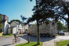 A transport truck leaving a slaughterhouse in a downtown neighbourhood. Canada, 2013.