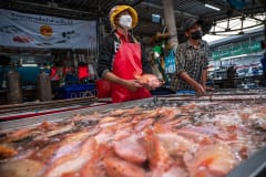 A fishmonger picks up a live red hybrid tilapia while talking to customers at a fish stall in a wet market in Thailand. Tilapia are widely consumed fish, and they are among the most popular species for aquaculture in Thailand.