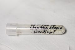 "Sponges to stop the stupid bleeding!" At an animal testing lab. Canada, 2007.