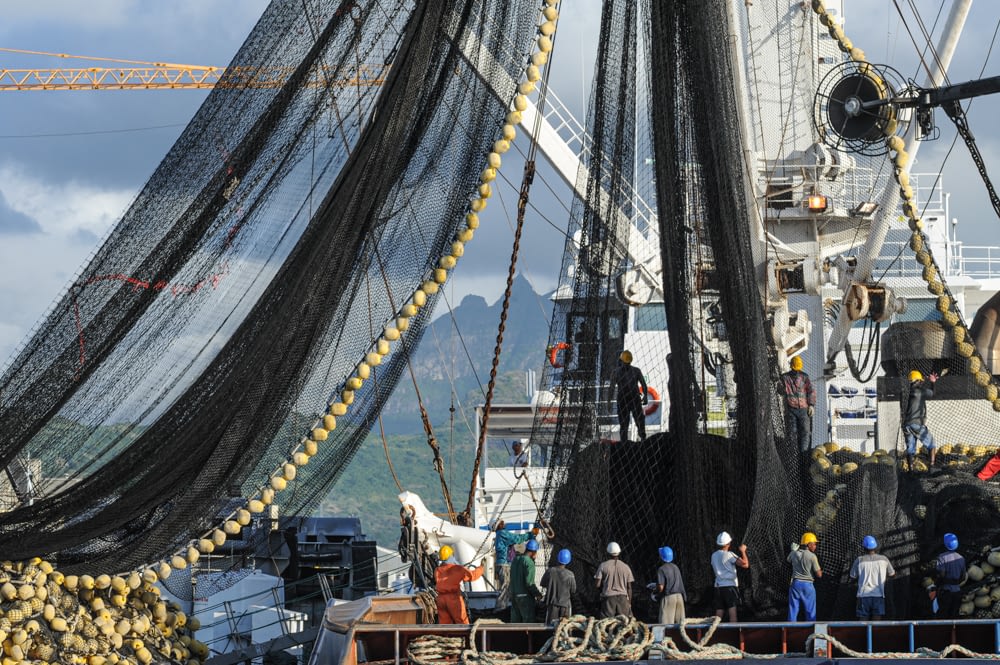 A commercial fishing boat docked in Mauritius.