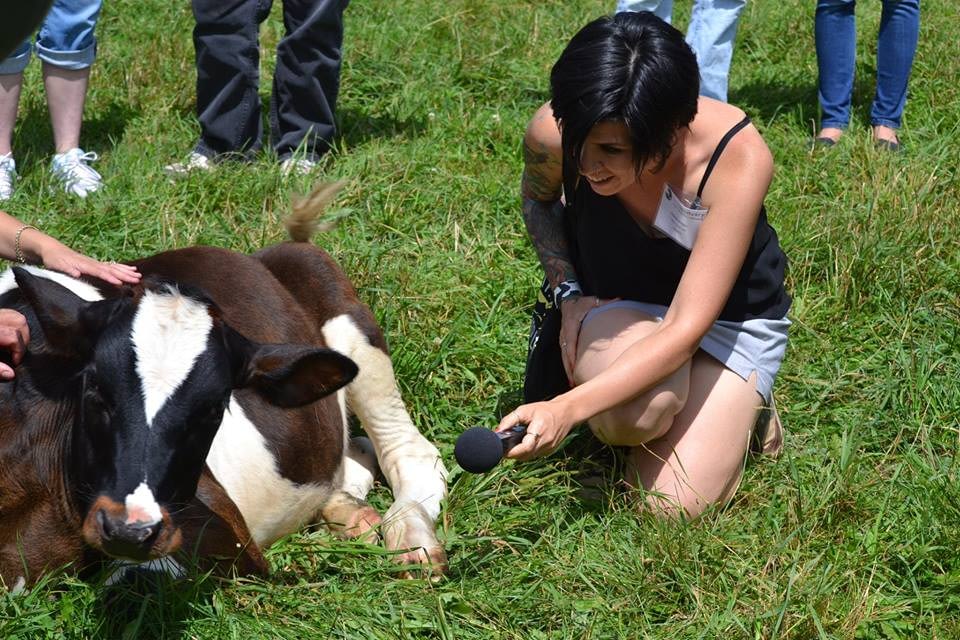Jasmin Singer with a calf at Farm Sanctuary, Watkins Glen, NY. Photo credit: Cameron Icard.