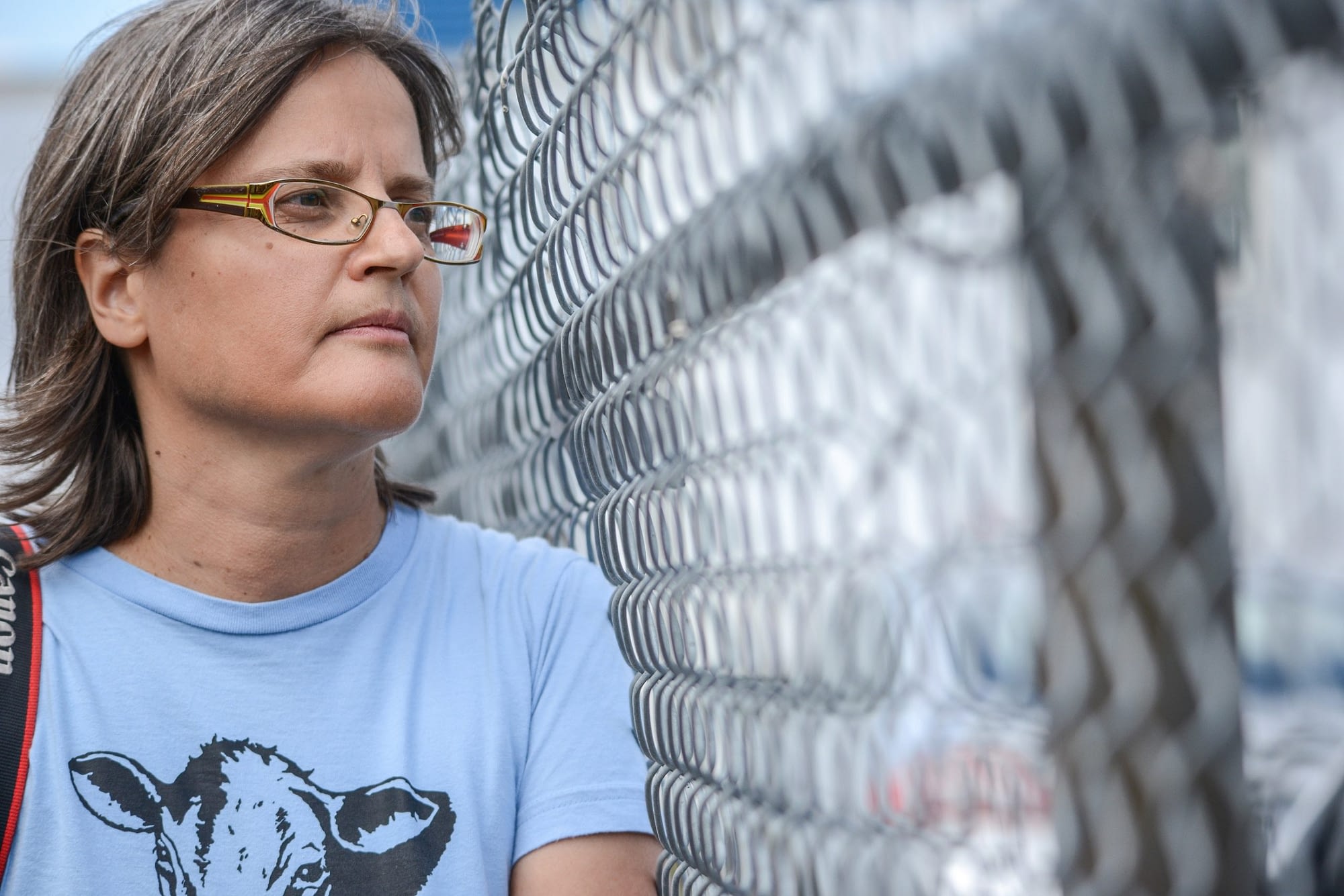 Anita Krajnc looks through the fence to animals being unloaded at the slaughterhouse. Canada, 2015.
