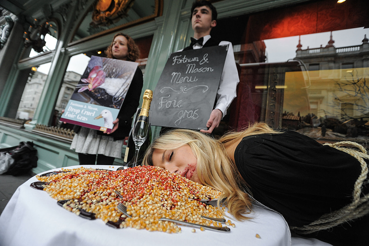 An anti-foie gras action by People for the Ethical Treatment of Animals.