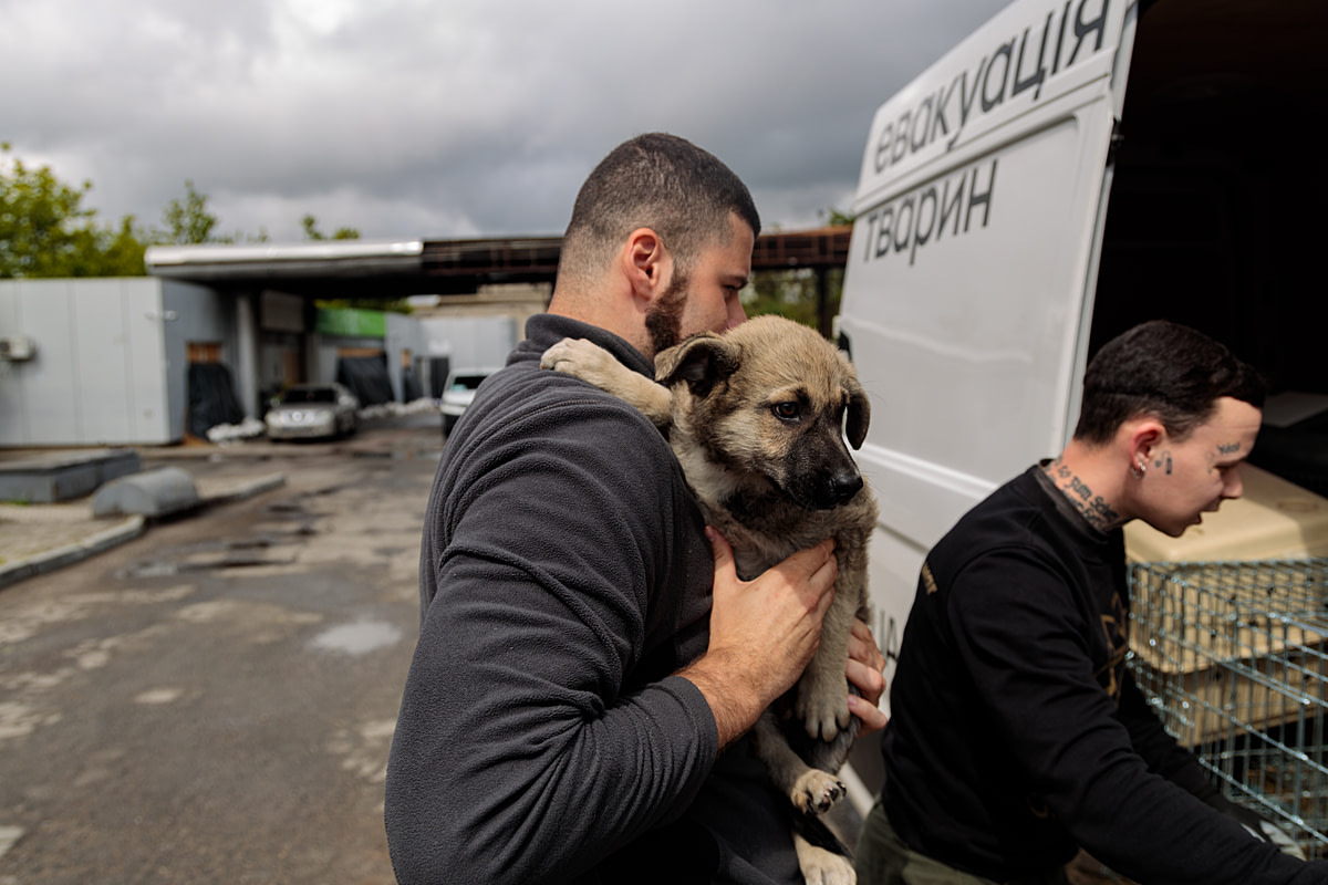 UAnimals team member Vlad (L) holds one of three puppies rescued from the parking lot of a damaged gas station. The puppies have been living with the military and will be evacuated to an animal shelter in another region. Ukraine, 2024. Anzhelika Kozachenko / UAnimals / We Animals Media