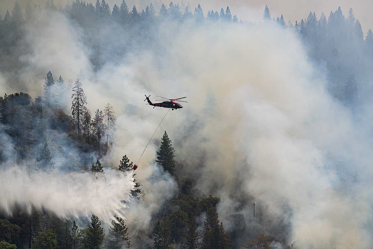Helicopters work continually throughout the day dropping water on a hot zone that erupted near the fire decimated town of Grizzly Flats, CA. USA, 2021. Nikki Ritcher / We Animals Media