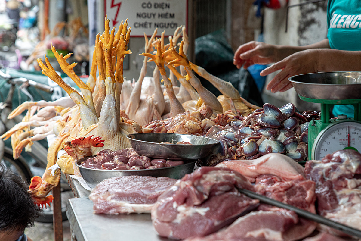 Whole chickens, internal organs and other animal body parts are displayed on table at a store in Nam Trung Yen market in Vietnam. Vietnam, 2022.Aaron Gekoski / Asia for Animals Coalition / We Animals Media