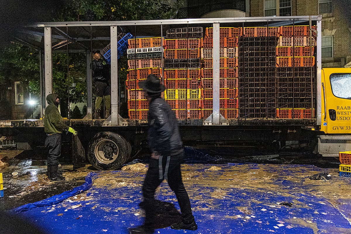 A Hasidic Jewish man walks by as workers load chicken transport crates onto a truck. On this Brooklyn public street, bodies of dead chickens brought to the site for Kaporos religious rituals lie near the truck's wheels amid deteriorated cardboard boxes, feces, and other debris. Crown Heights, Brooklyn, New York, USA, 2022. Molly Condit / We Animals Media