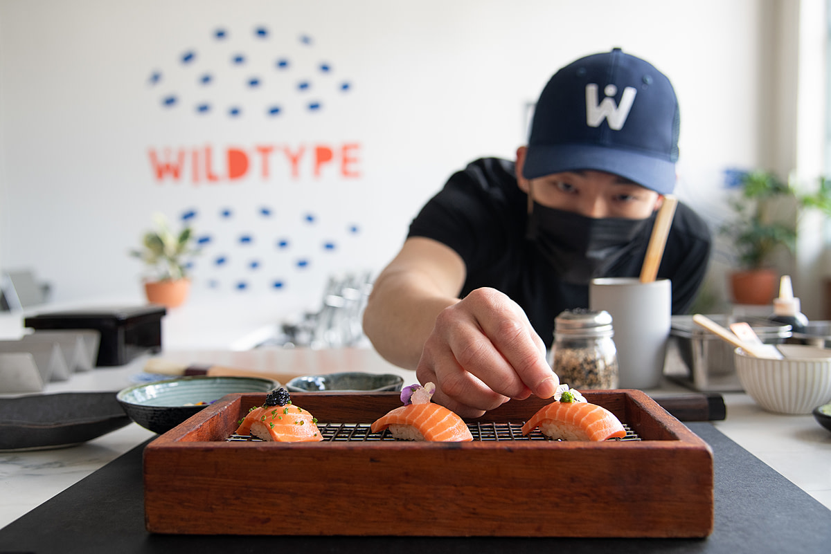Chef Jun Sog works with WildType's cultivated salmon. Wildtype Foods, San Francisco, California, USA, 2021. Jo-Anne McArthur / We Animals Media