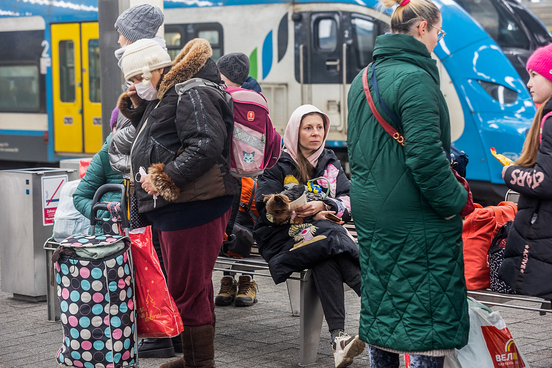 War refugees from Ukraine at the train station, waiting for a train to Poznan.