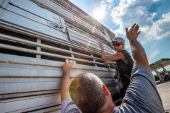 Activist Lesley Moffat records temperatures inside a transport truck carrying live animals, parked at the Bulgarian-Turkish border. Turkey, 2018.