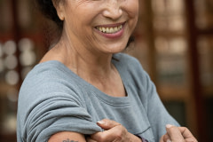 Miyoko Schinner, founder of Miyoko's Creamery, proudly shows off her "Phenomenally vegan" tattoo at her sanctuary, Rancho Compasión. Schinner got the tattoo on her 60th birthday.