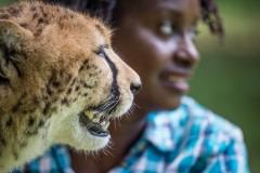 Dr. Gladys Kalema-Zikusoka with a rescued cheetah. Uganda, 2016.