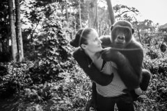 Rachel and Shai, a gorilla who was orphaned by the bushmeat trade. Cameroon, 2009.