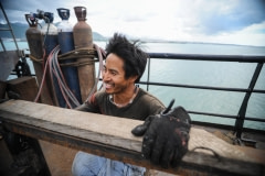 Ralph, the resident emergency doctor aboard the Bob Barker Sea Shepherd vessel, also helps with construction while the boat is docked. Mauritius, 2009.