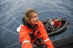 Fiona, climbing back up onto the Bob Barker. Antarctic Ocean, 2010.