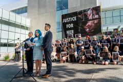 Activists Roy Sasano, Amy Soranno, and Nick Schafer speak to the media at a press conference and rally before their trial begins in Abbotsford, British Columbia. Canada, 2022.  Suzanne Goodwin / We Animals Media