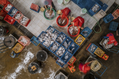 Direct overhead view of workers inside an Indonesian milkfish  processing facility, seasoning and sorting milkfish into plastic crates before the fish are steam cooked at the facility.