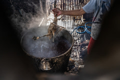 A worker pulls a dead duck from a pot filled with boiling water at a slaughterhouse.  Indonesia, 2021. Haig / Act for Farmed Animals / We Animals Media