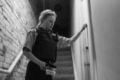 An OSPCA investigator visiting the home of a man convicted of pedophilia and beastiality, who continues to own animals. Canada, 2005.