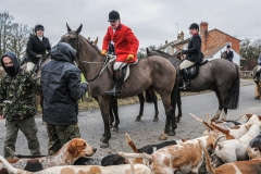 Fox hunters on horses with dogs, and hunt saboteurs. England, 2011.