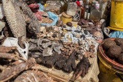 A bear paw, primate hands and other animal parts at a Muti market,  Johannesburg. South Africa, 2016.