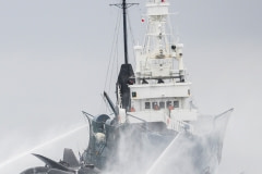 The whaling ship named Shonan Maru II purposefully crashes in to the Ady Gil Sea Shepherd vessel, breaking it in two. Antarctic Ocean, 2010.