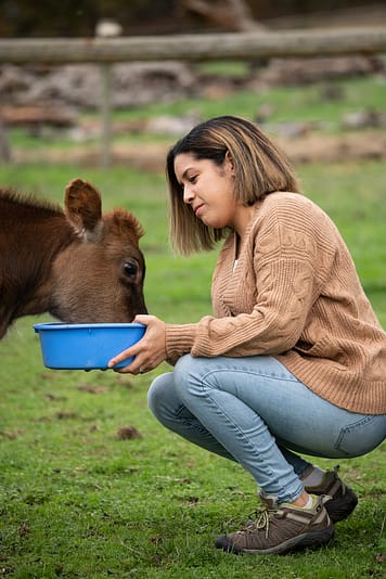 Erin Wing, Deputy Director of Investigations at the animal advocacy NGO Animal Outlook, spends time with Lola at Wildwood Farm Sanctuary & Preserve. Photo: Jo-Anne McArthur / #unboundproject / We Animals Media