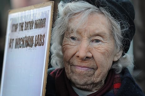 Activist Helen Nelson at a demonstration against the use of animals in laboratories. England, 2011.