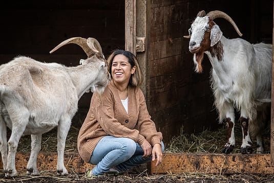 Erin Wing, Deputy Director of Investigations at the animal advocacy NGO Animal Outlook, spends time with Bowie and Orin at Wildwood Farm Sanctuary & Preserve. Photo: Jo-Anne McArthur / #unboundproject / We Animals Media