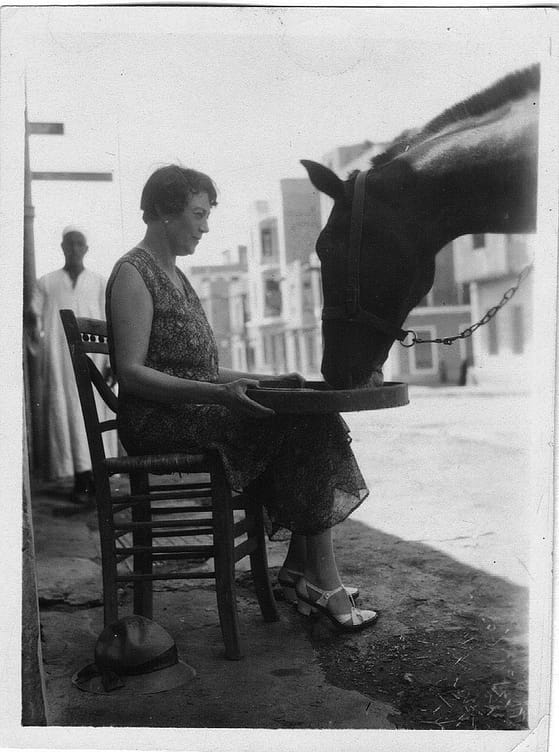 Dorothy Brooke shown seated outside her hospital in Bairam al-Tunsi Street, Cairo, feeding one of her equine patients, circa 1934. (Searight Collection)